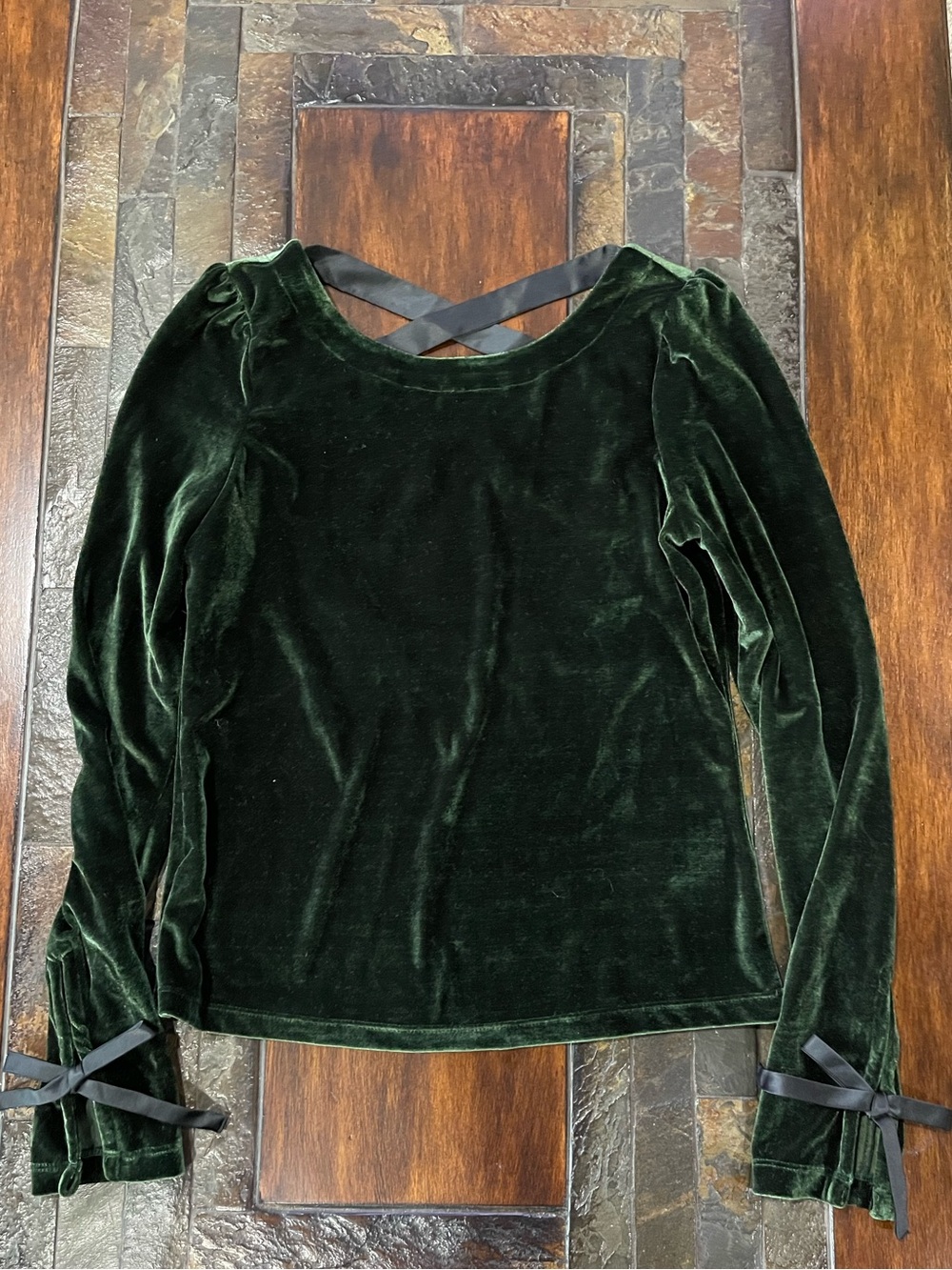 Anthropologie Deep Green Velvet Long-Sleeve Top with Ribbon Crossback